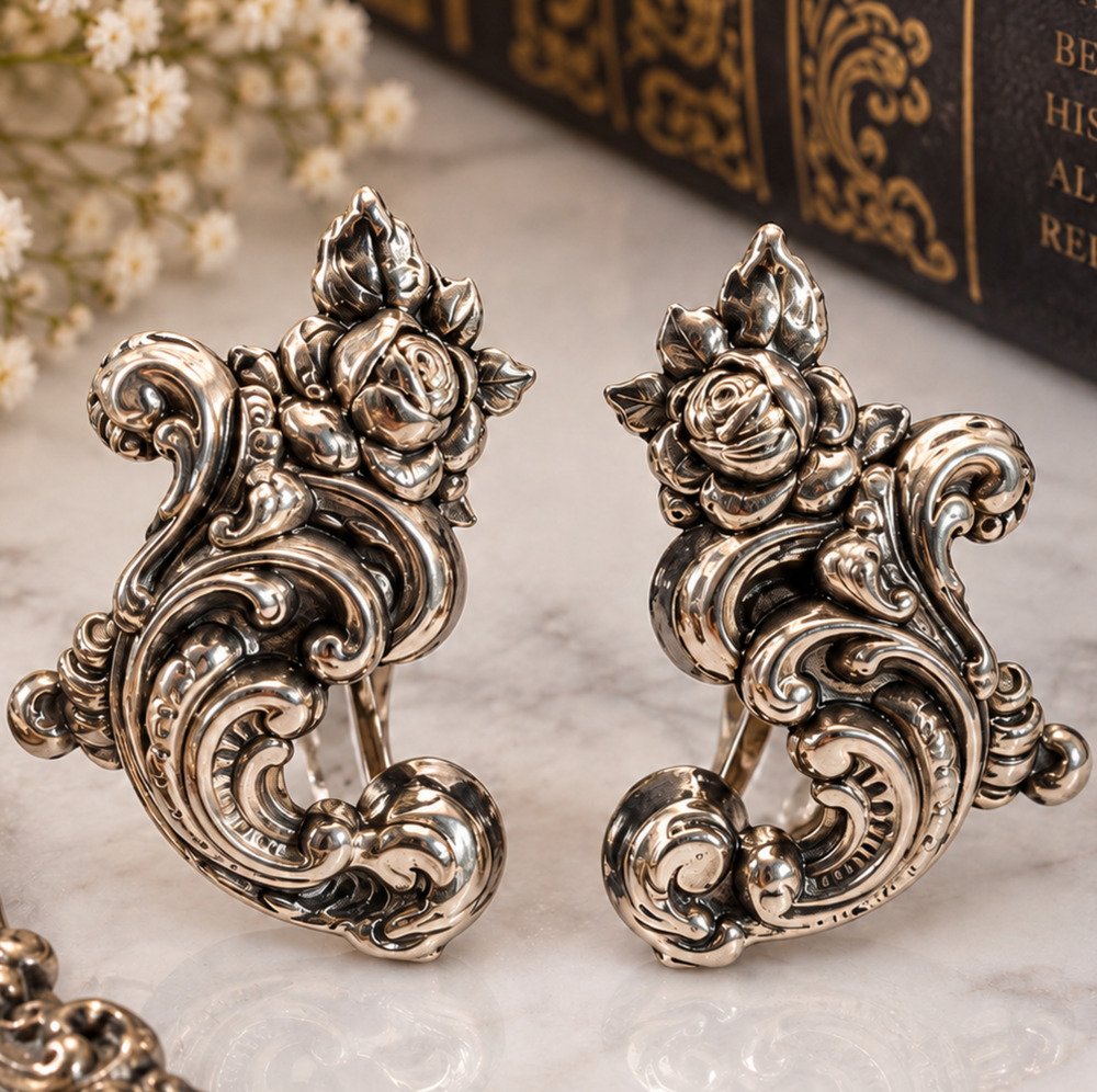Repousse' Cornucopia stylized Floral 1960's Victorian Revival Autumn Earrings
